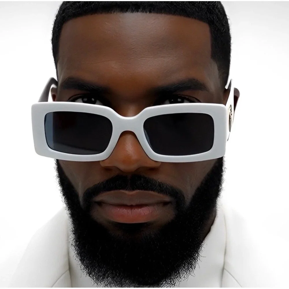 Square Men Sunglasses White Frame Black Lens Gold 100% UV Protection Street Wear